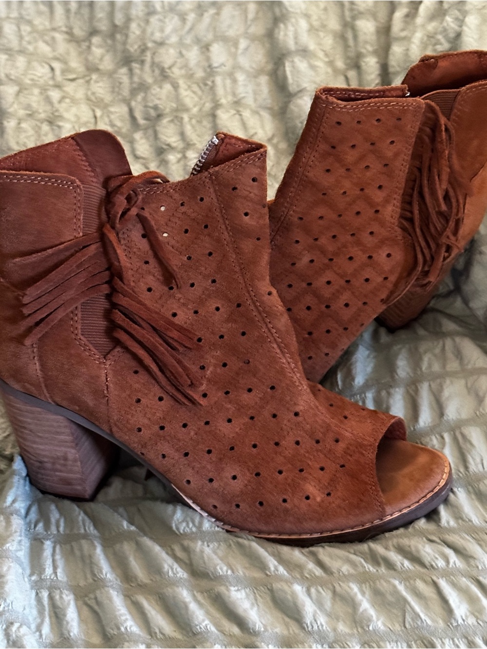 Toms Rust Brown Suede Perforated Fringe Peep-Toe Booties